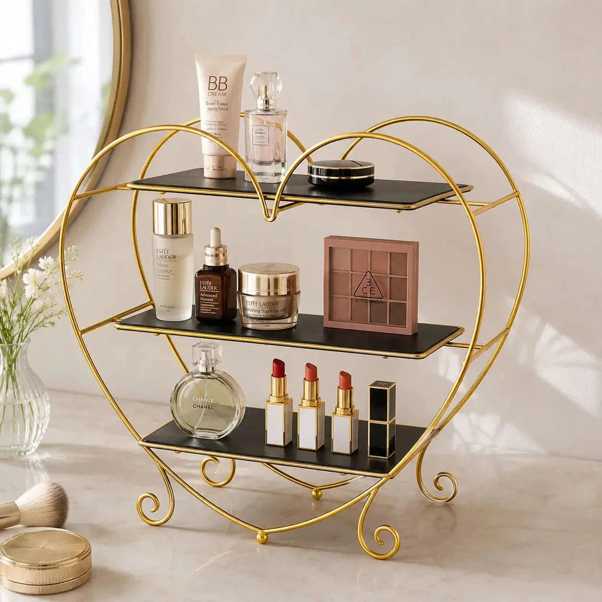 Aesthetic Makeup and Beauty Essentials Organizer with elegant golden metal frame and storage trays