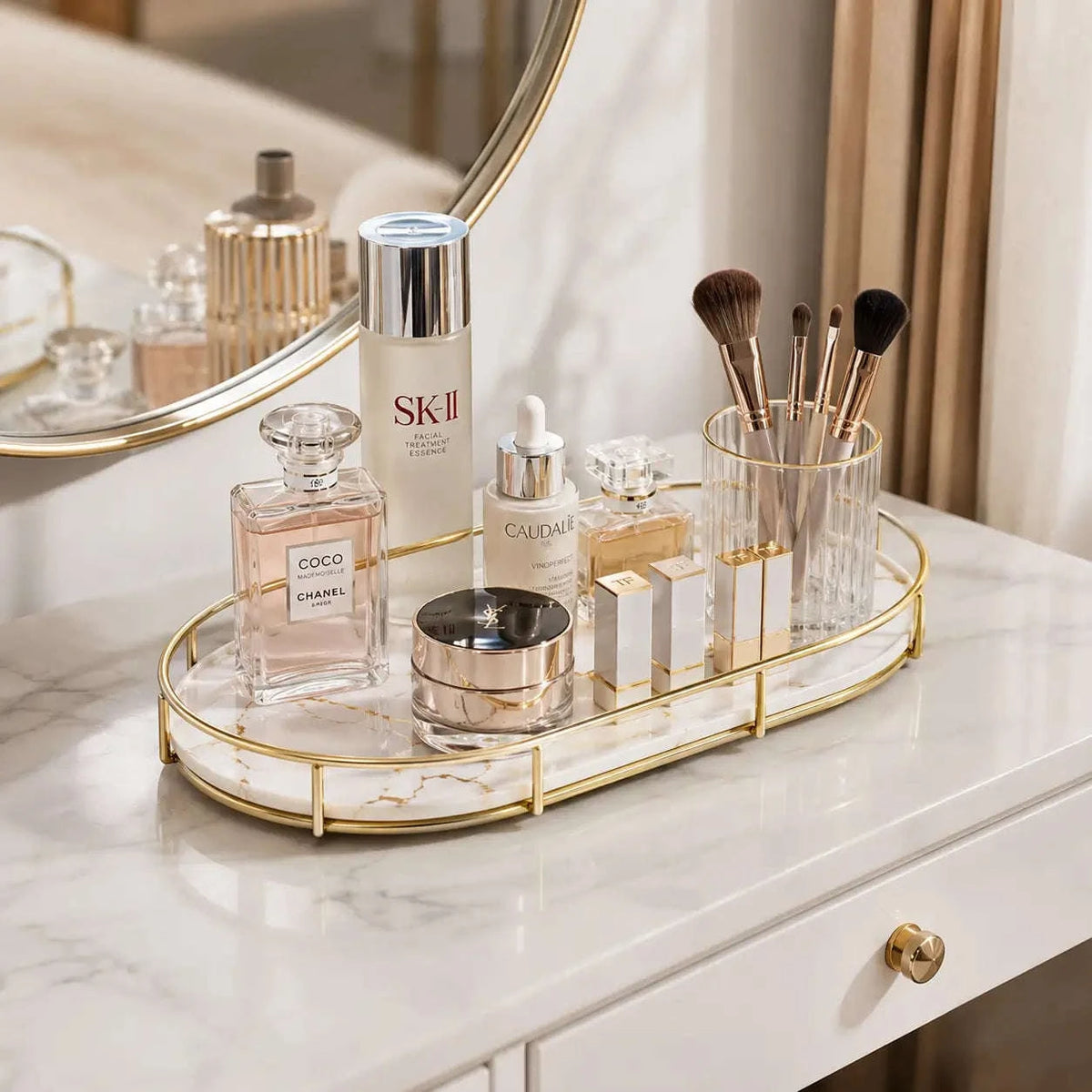 Makeup Storage Organizer - Luxury Golden Cosmetic Organizer Tray by Wahaj Decor