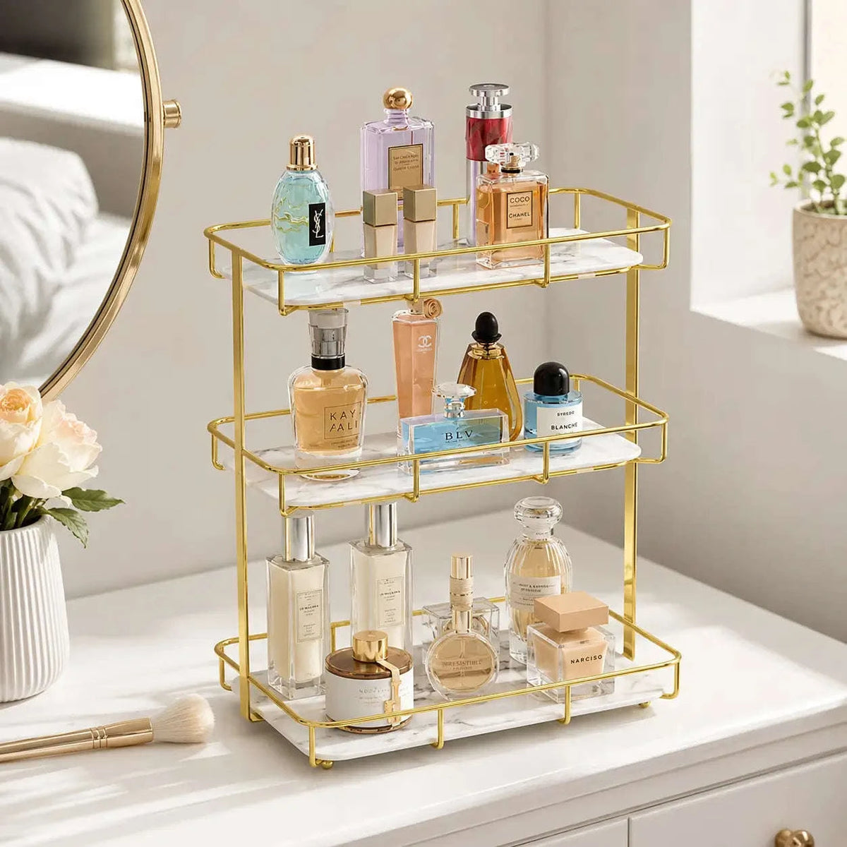 3-Tier Makeup and Cosmetics Storage Organizer with golden metal frame and acrylic trays