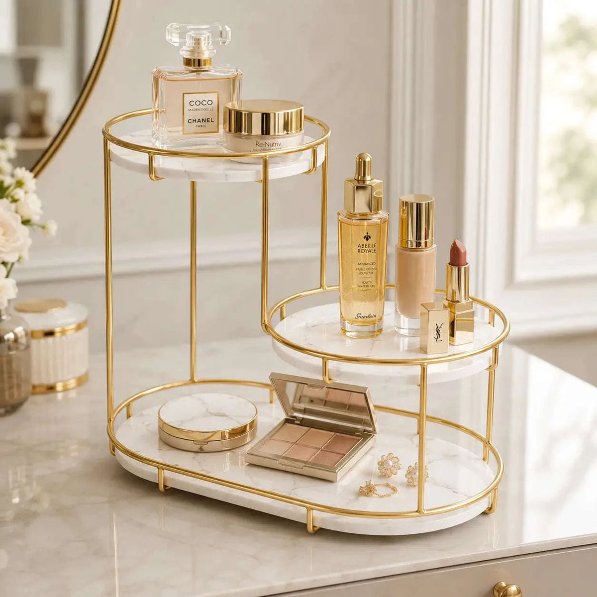3-Tier Makeup and Cosmetic Organizer for Dressing Table with Golden Metal Frame