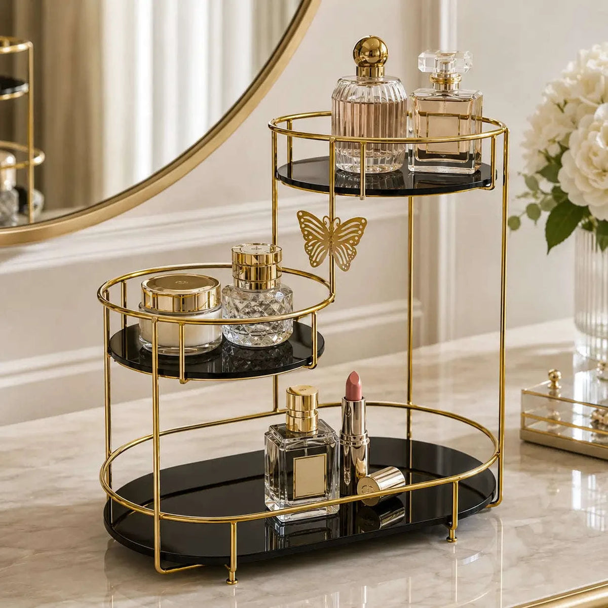 3-Tier Butterfly Makeup and Perfume Organizer with Golden Metal Frame and Acrylic Trays