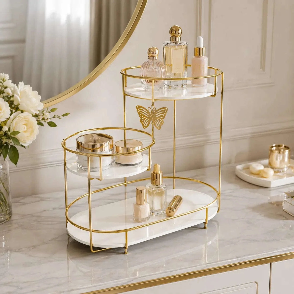 3-Tier Butterfly Makeup and Perfume Organizer with Golden Metal Frame and Acrylic Trays