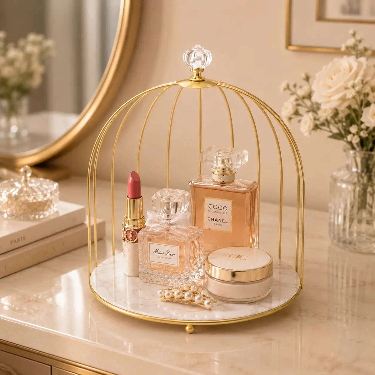 Bird Cage Makeup Storage Rack with Gold Metal Frame and Acrylic Tray