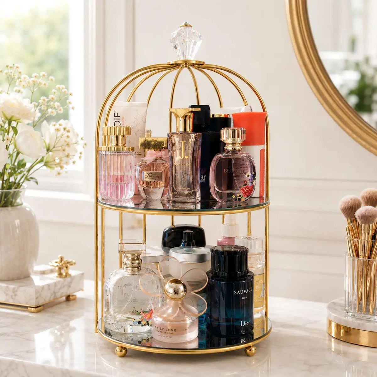2-Tier Bird Cage Cosmetic Organizer with Gold Metal Frame and Acrylic Trays
