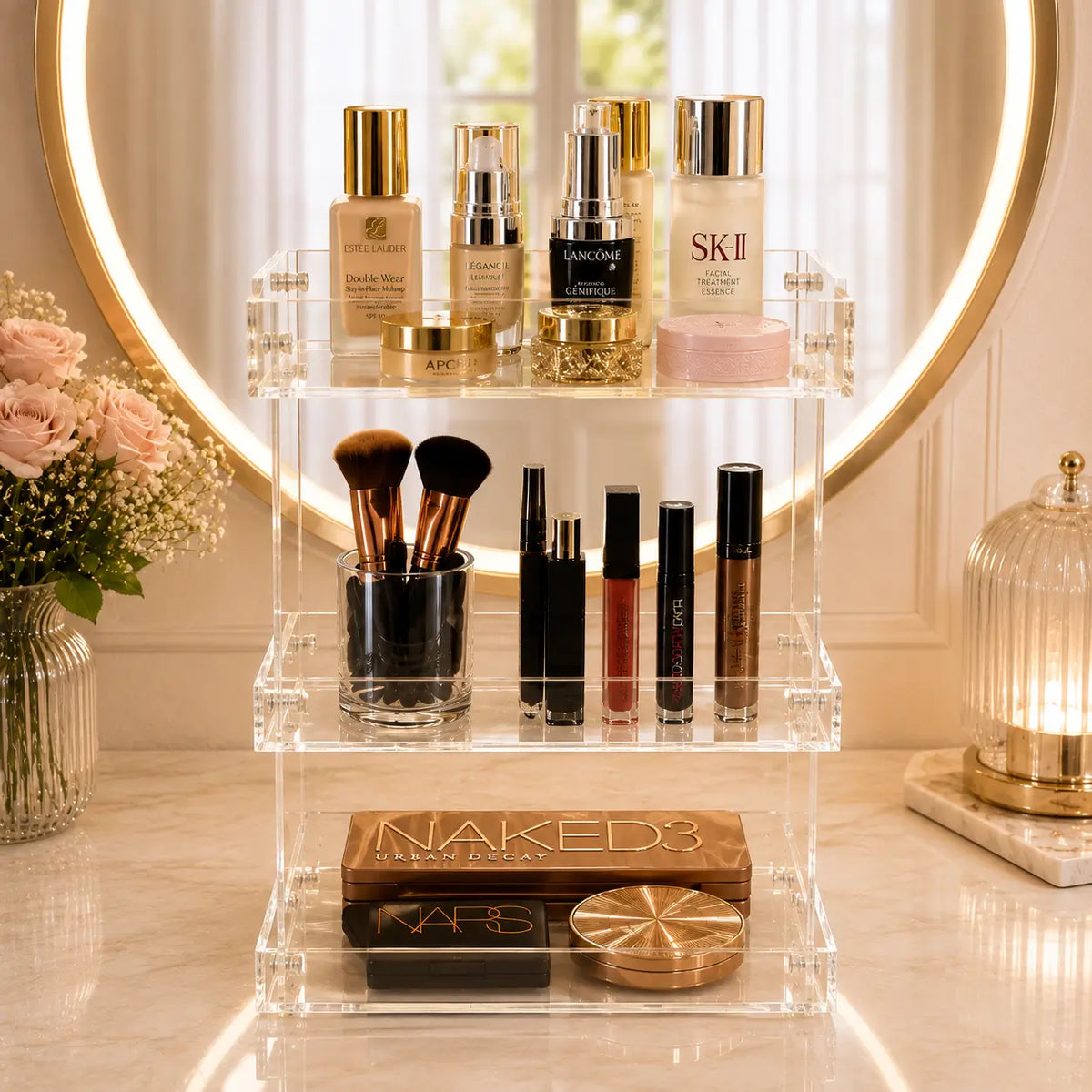 3 layer acrylic makeup shelf