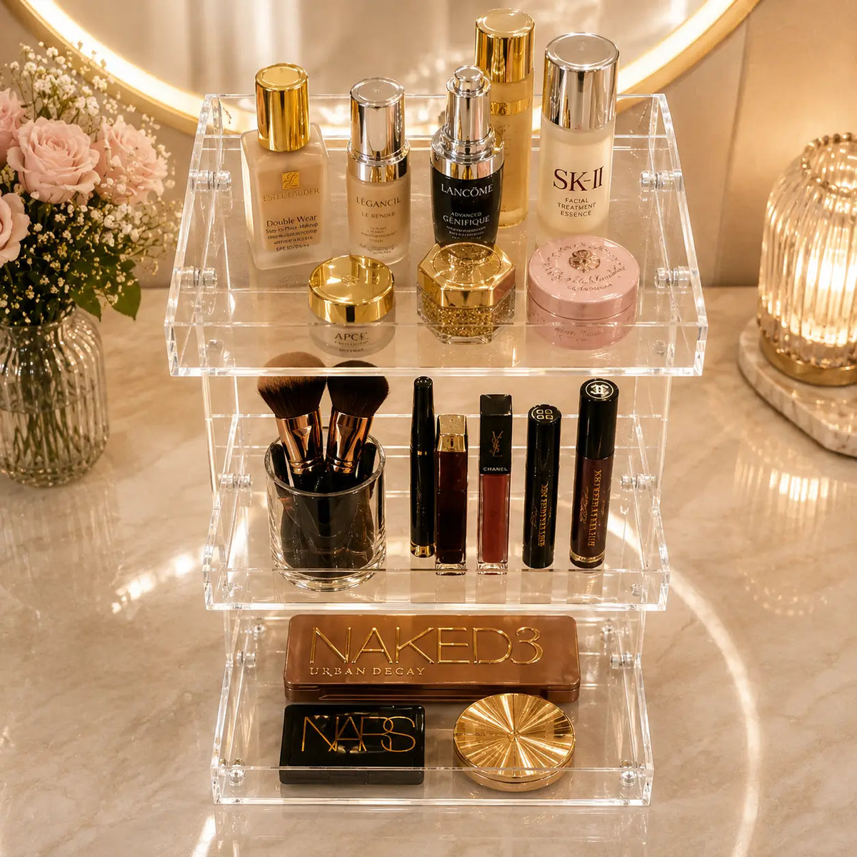 3 layer acrylic makeup shelf