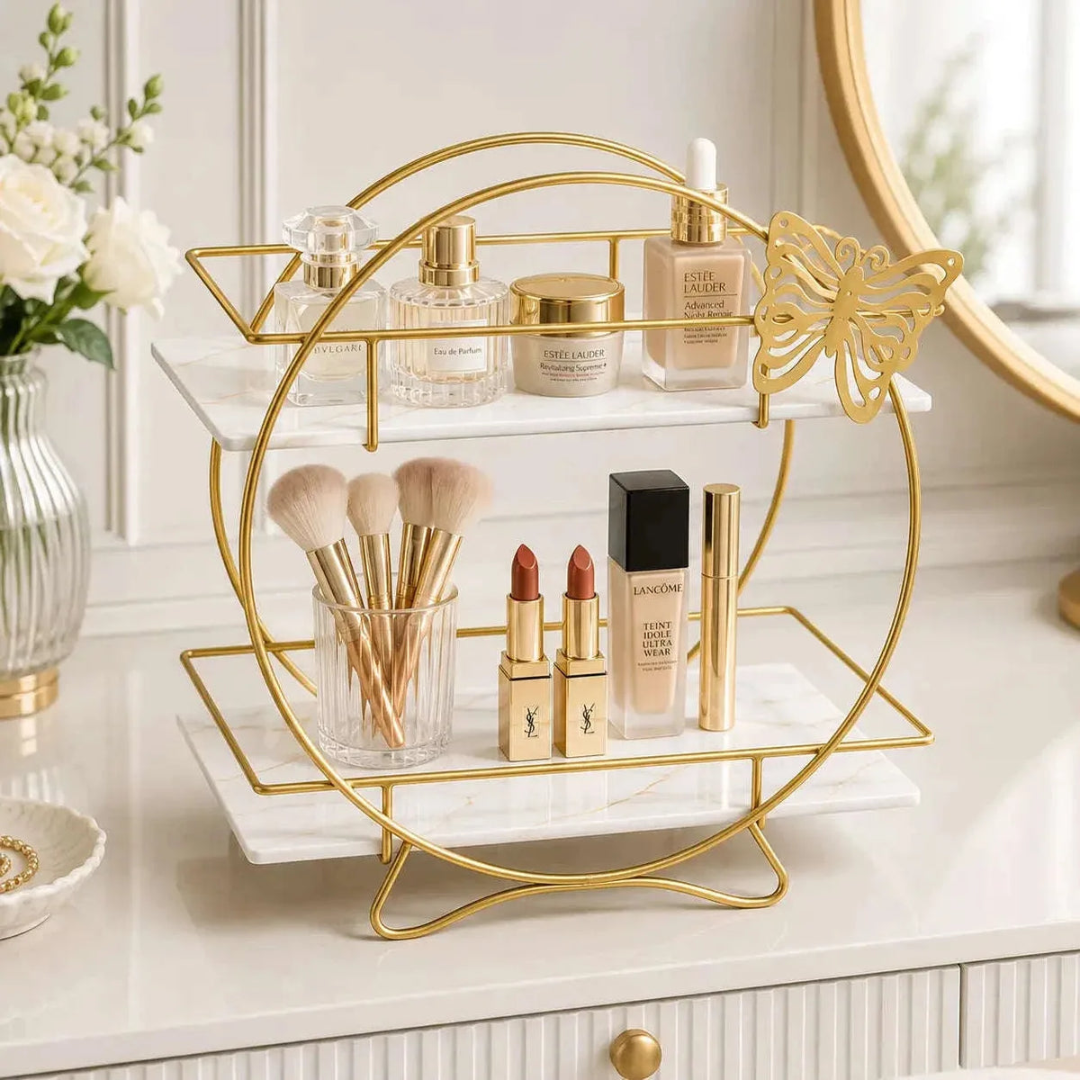 2-layer butterfly cosmetic storage organizer for makeup skincare and perfumes