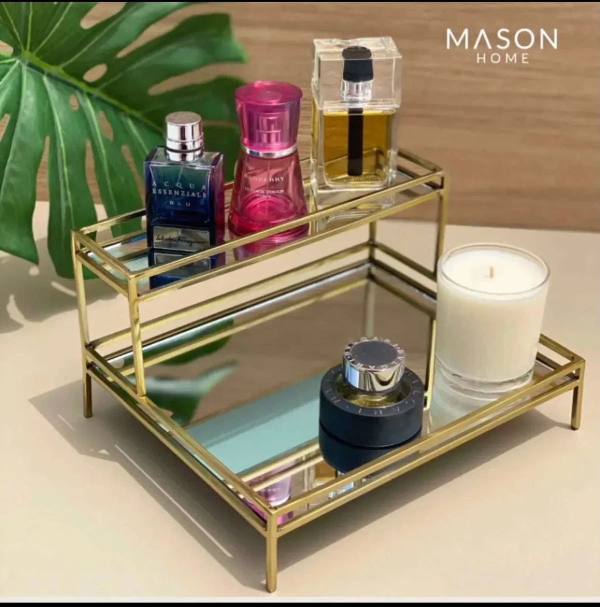 Double Layer Premium Organizer with Mirror – Elegant Metal Storage Tray in Gold Color (1)