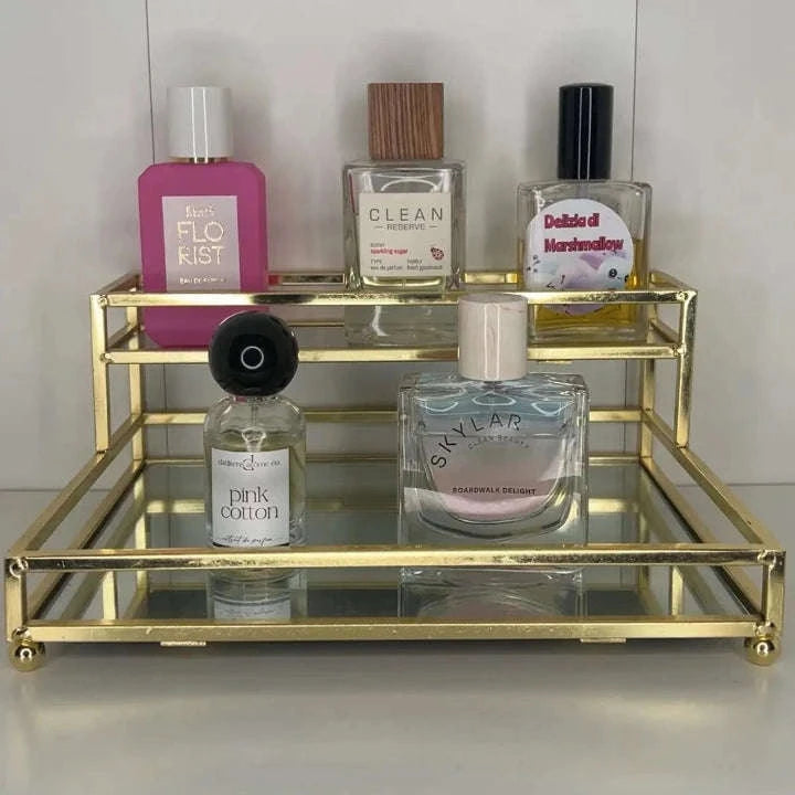 Double Layer Premium Organizer with Mirror – Elegant Metal Storage Tray in Gold Color (2)