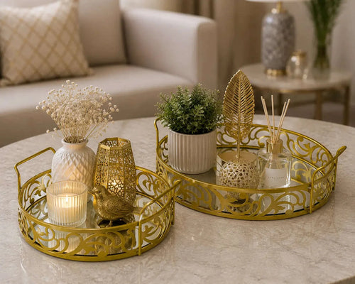 2 Piece Luxury Gold Mirror Tray Set - Makeup & Decorative Serving Trays