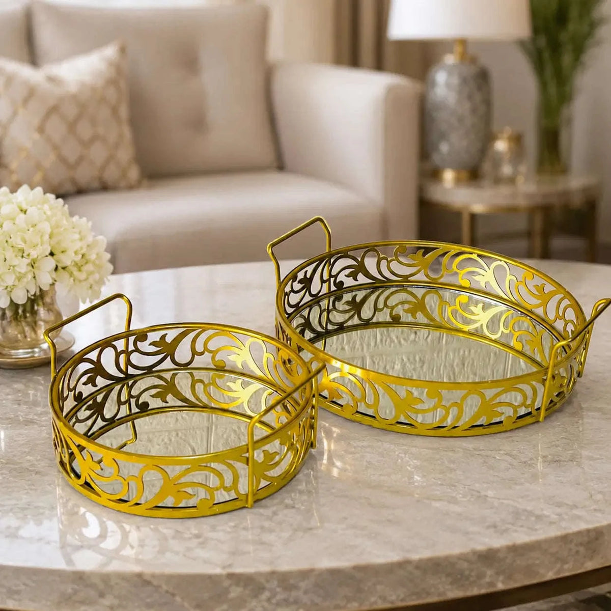 2 Piece Luxury Gold Mirror Tray Set - Makeup & Decorative Serving Trays