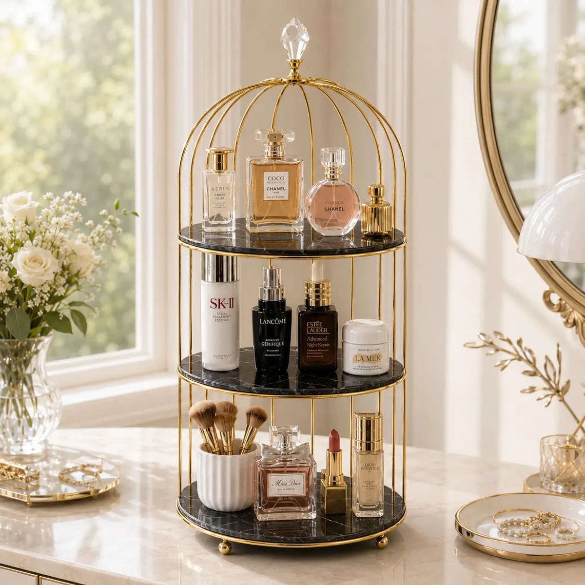 Metal Bird Cage Makeup and Cosmetic Rack with Gold Metal Frame and Acrylic Tray