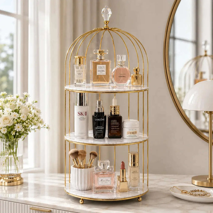 Metal Bird Cage Makeup and Cosmetic Rack with Gold Metal Frame and Acrylic Tray