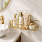 Wall Mount Bathroom Shelf with Golden Metal Frame for Bathroom Storage