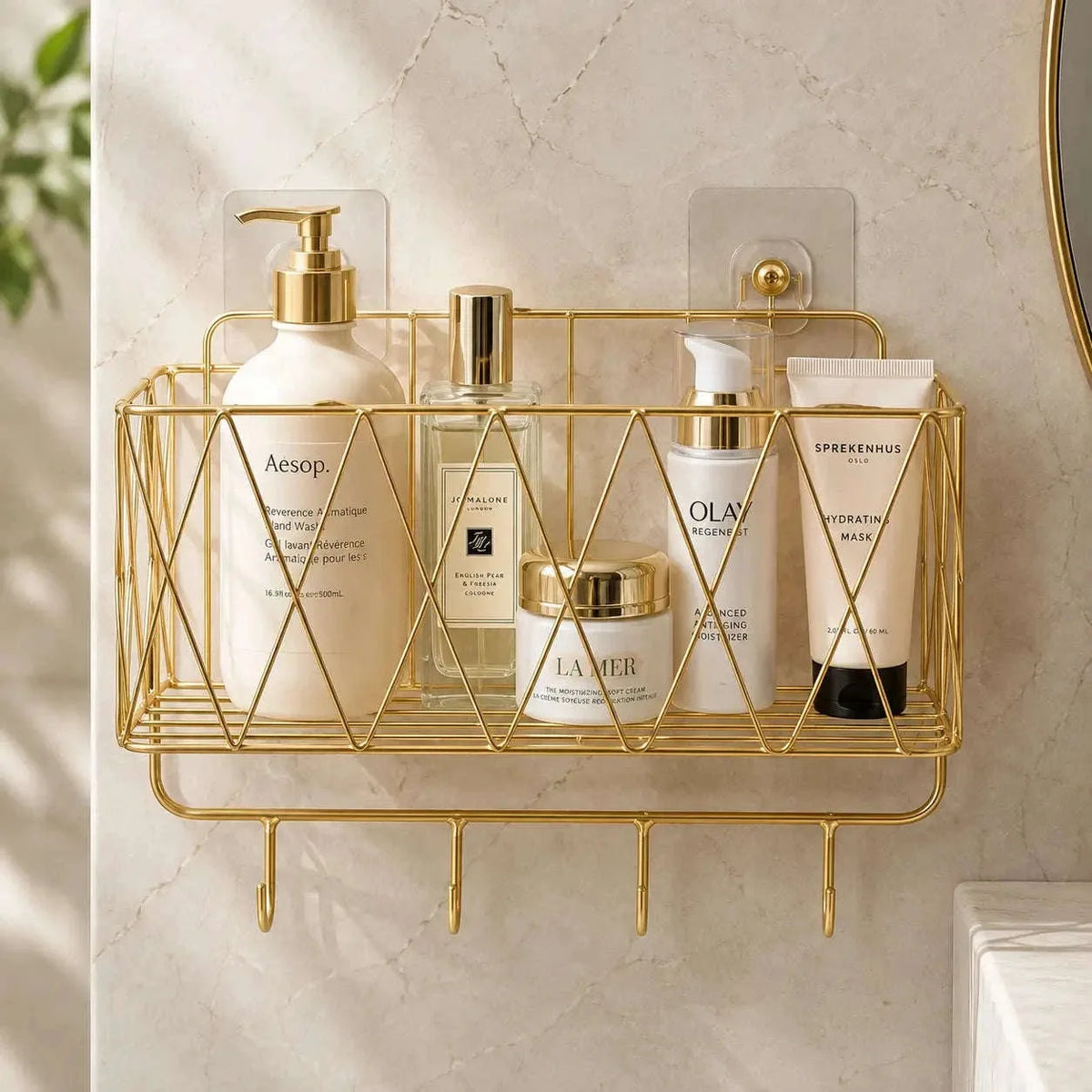 Wall Mounted Bathroom Storage Rack with Hooks for Towels and Accessories