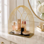 Makeup and beauty essentials storage rack with metal frame