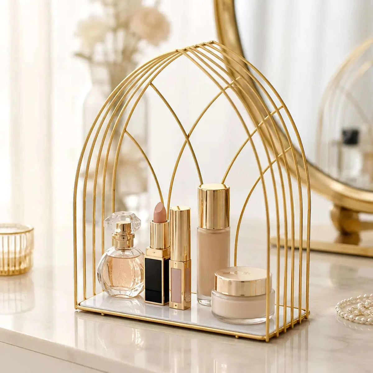 Makeup and beauty essentials storage rack with metal frame
