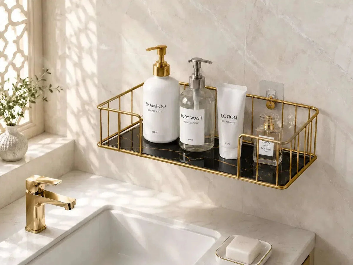 Wall-mounted bathroom storage rack for shampoo soap skincare and essentials