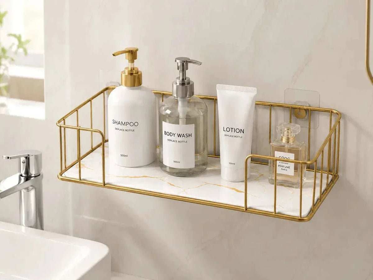 Wall-mounted bathroom storage rack for shampoo soap skincare and essentials