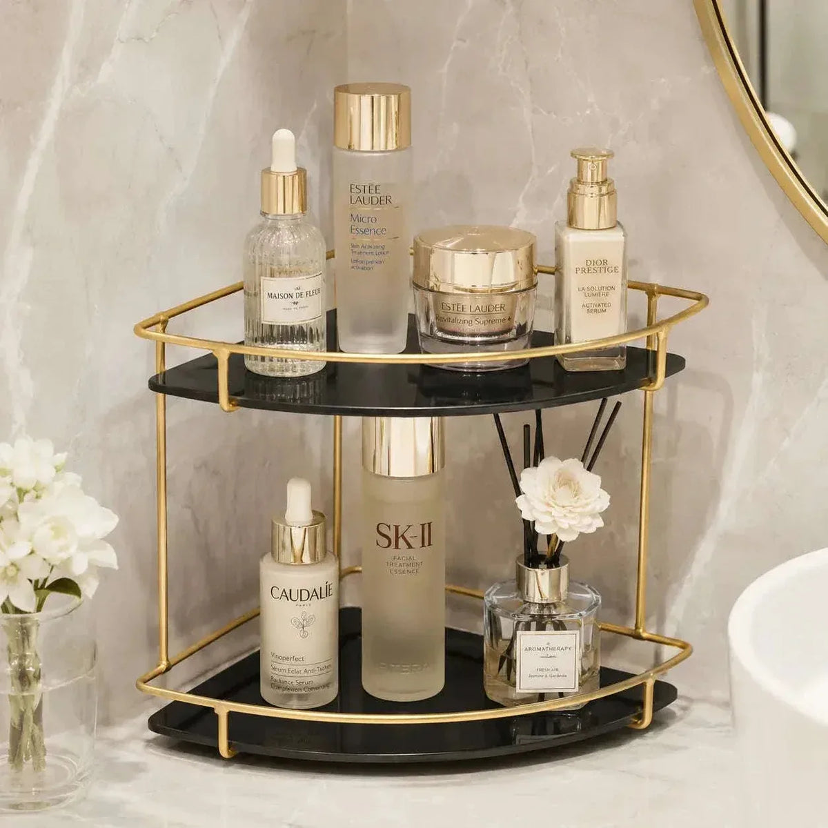 Bathroom acrylic corner countertop shelf for shampoo skincare soap and essentials