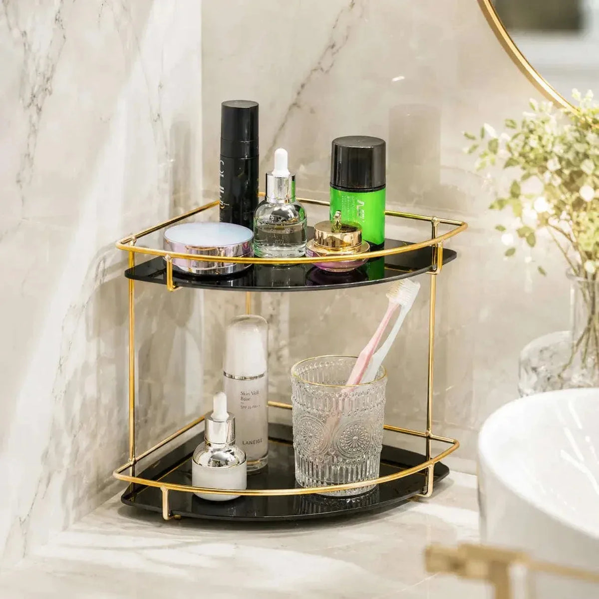 Bathroom acrylic corner countertop shelf for shampoo skincare soap and essentials