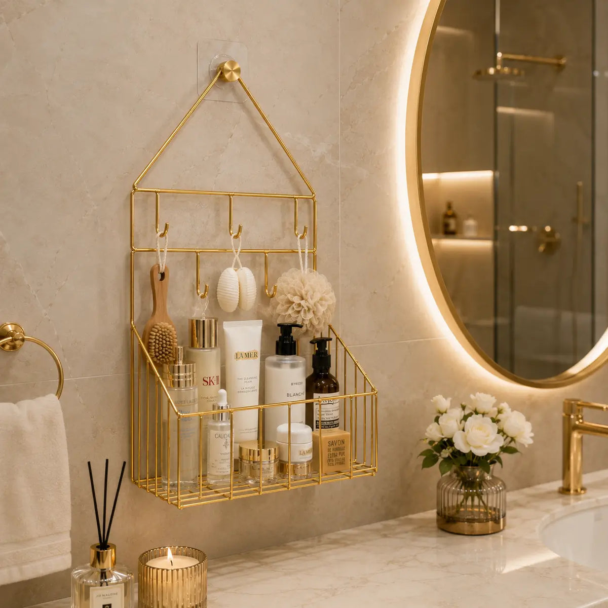 Gold Bathroom Wall Organizer with Hooks