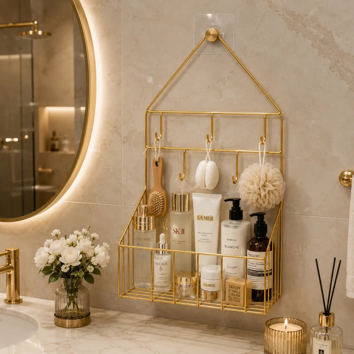 Gold Bathroom Wall Organizer with Hooks