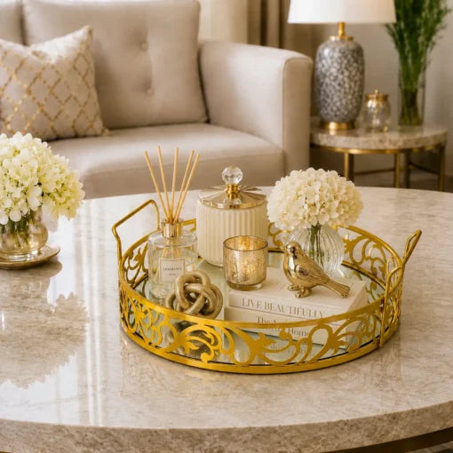 Elegant Gold Round Mirror Tray