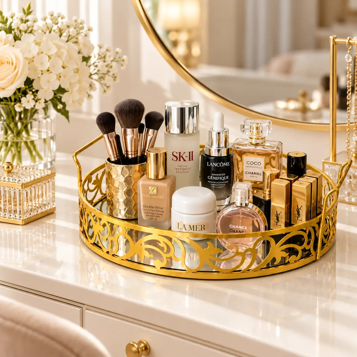 Elegant Gold Round Mirror Tray