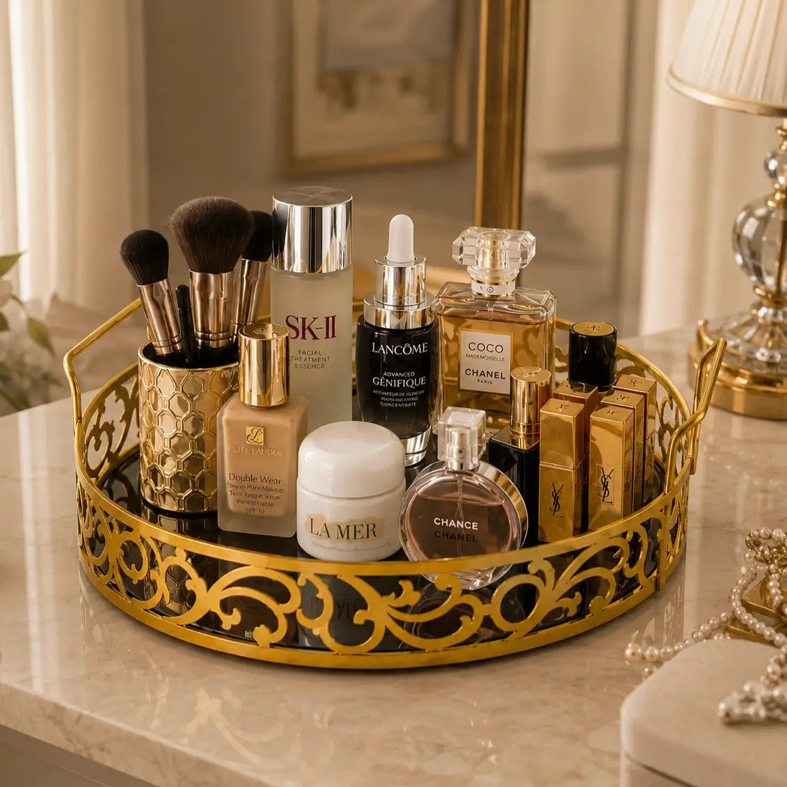 Elegant Gold Round Mirror Tray