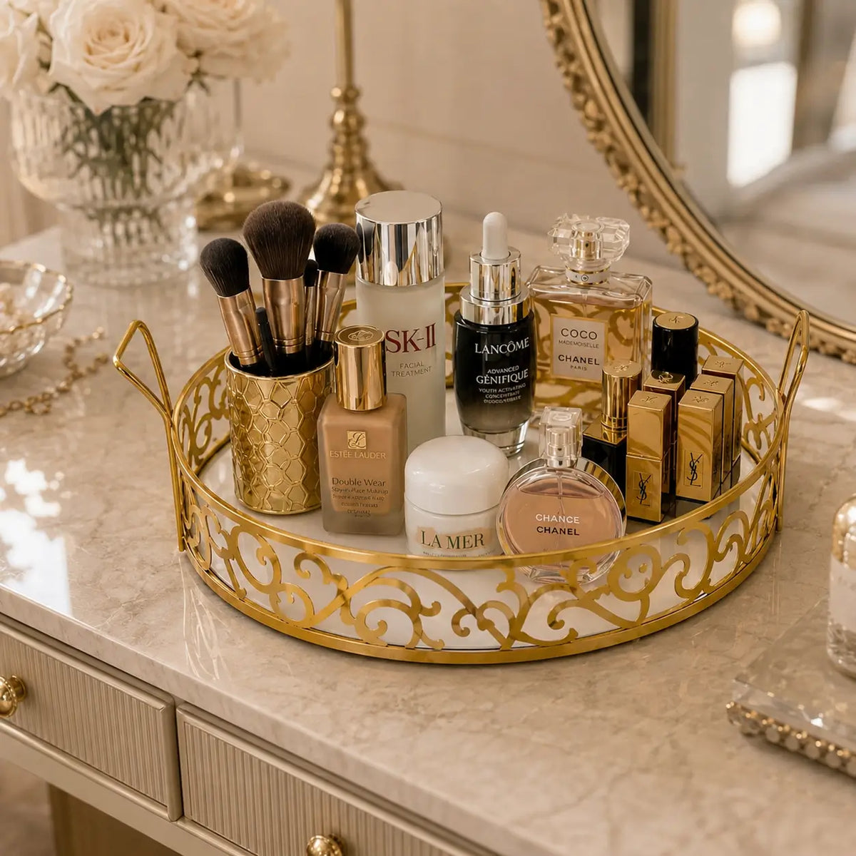 Elegant Gold Round Mirror Tray